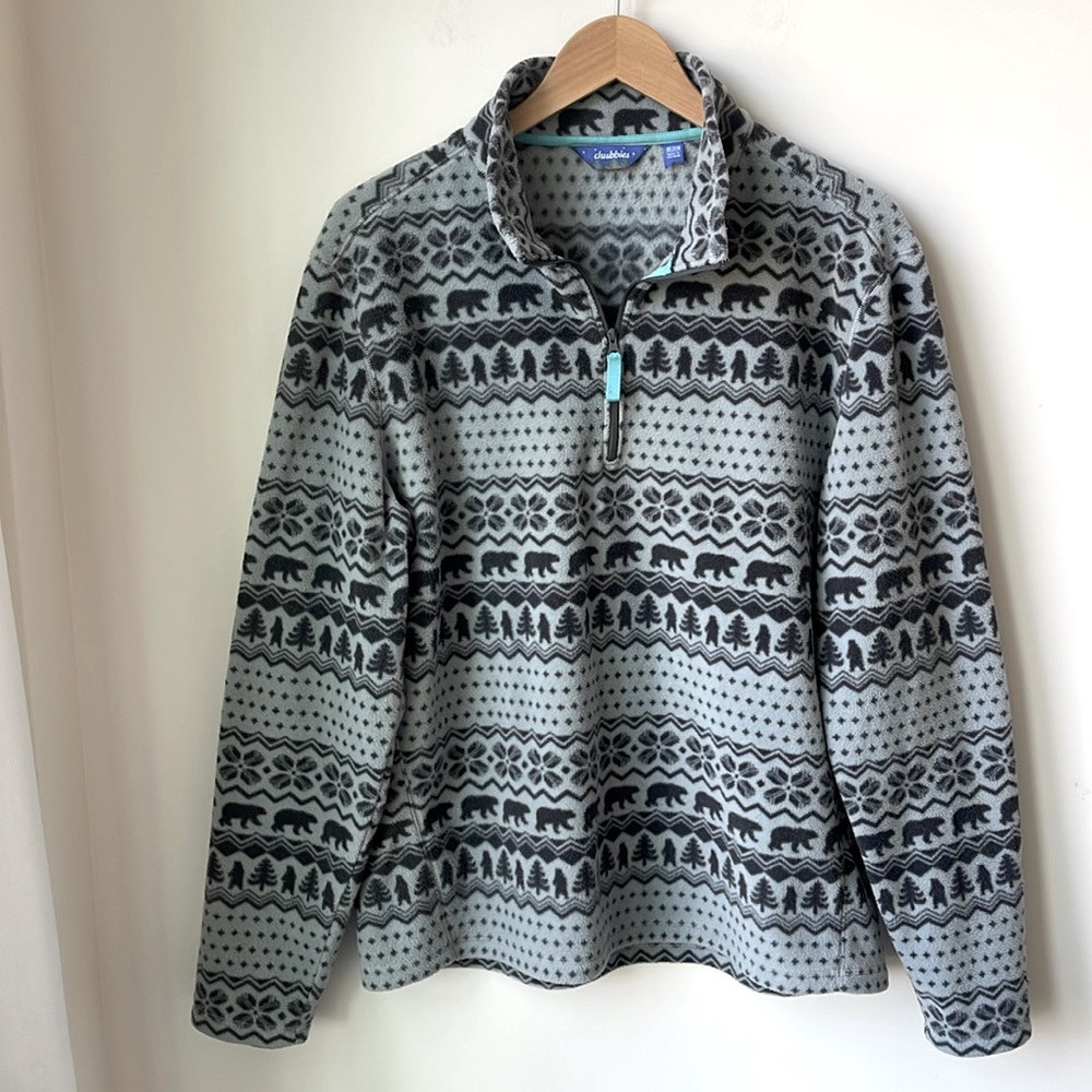 chubbies 1/4 Zip Fleece in Light Blue/Dark Grey Bear Tree Design Cozy Size M
